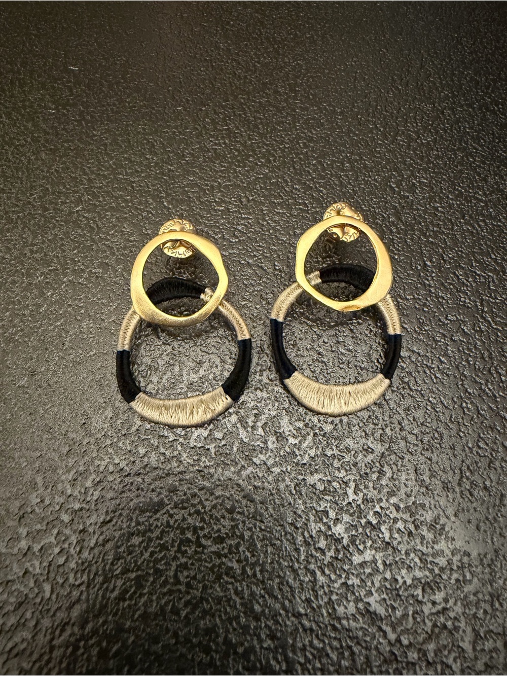 Mishky Gold Tone Thread Wrapped Hoop Drop Earrings Black Ivory Boho